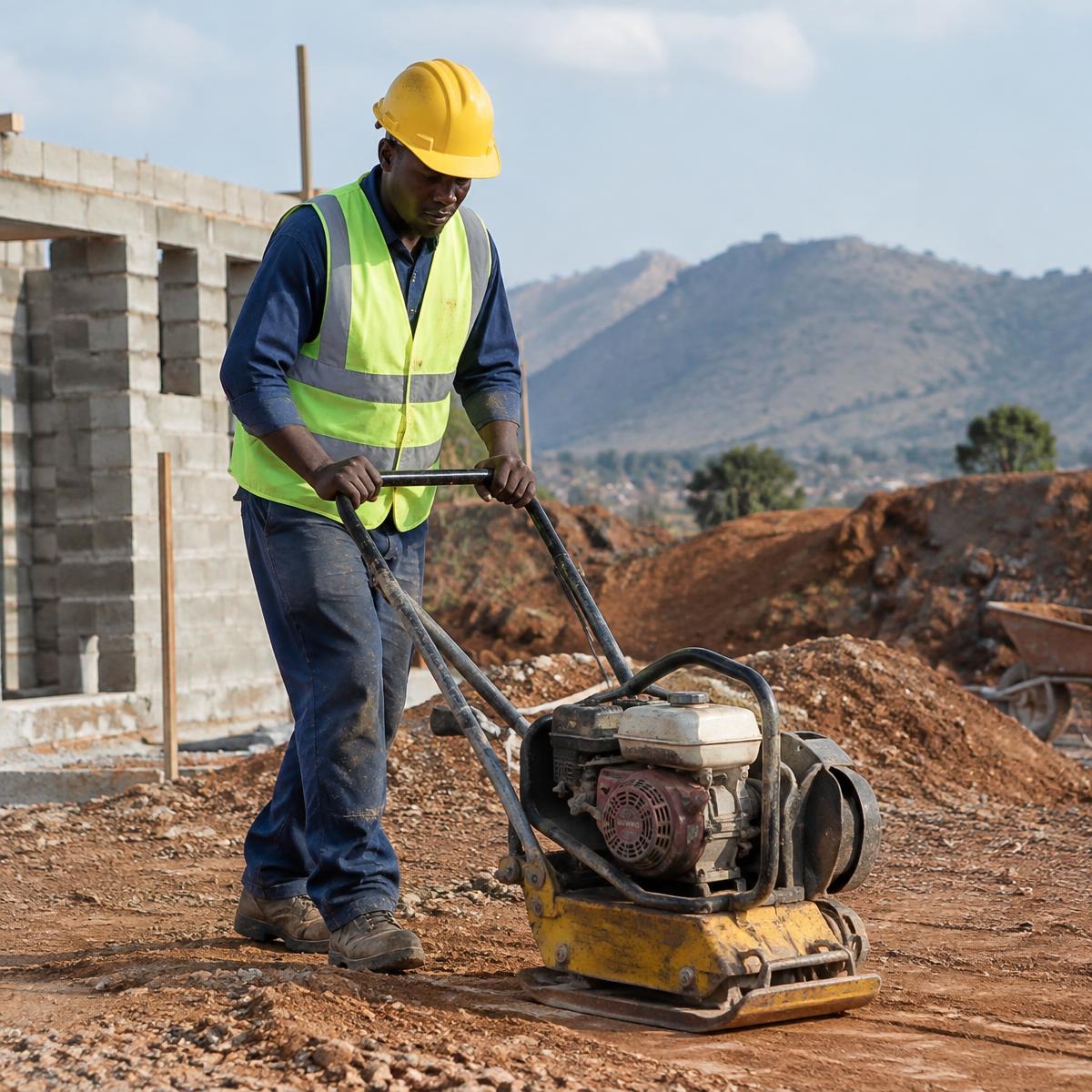 Worker operating a plate compactor on site